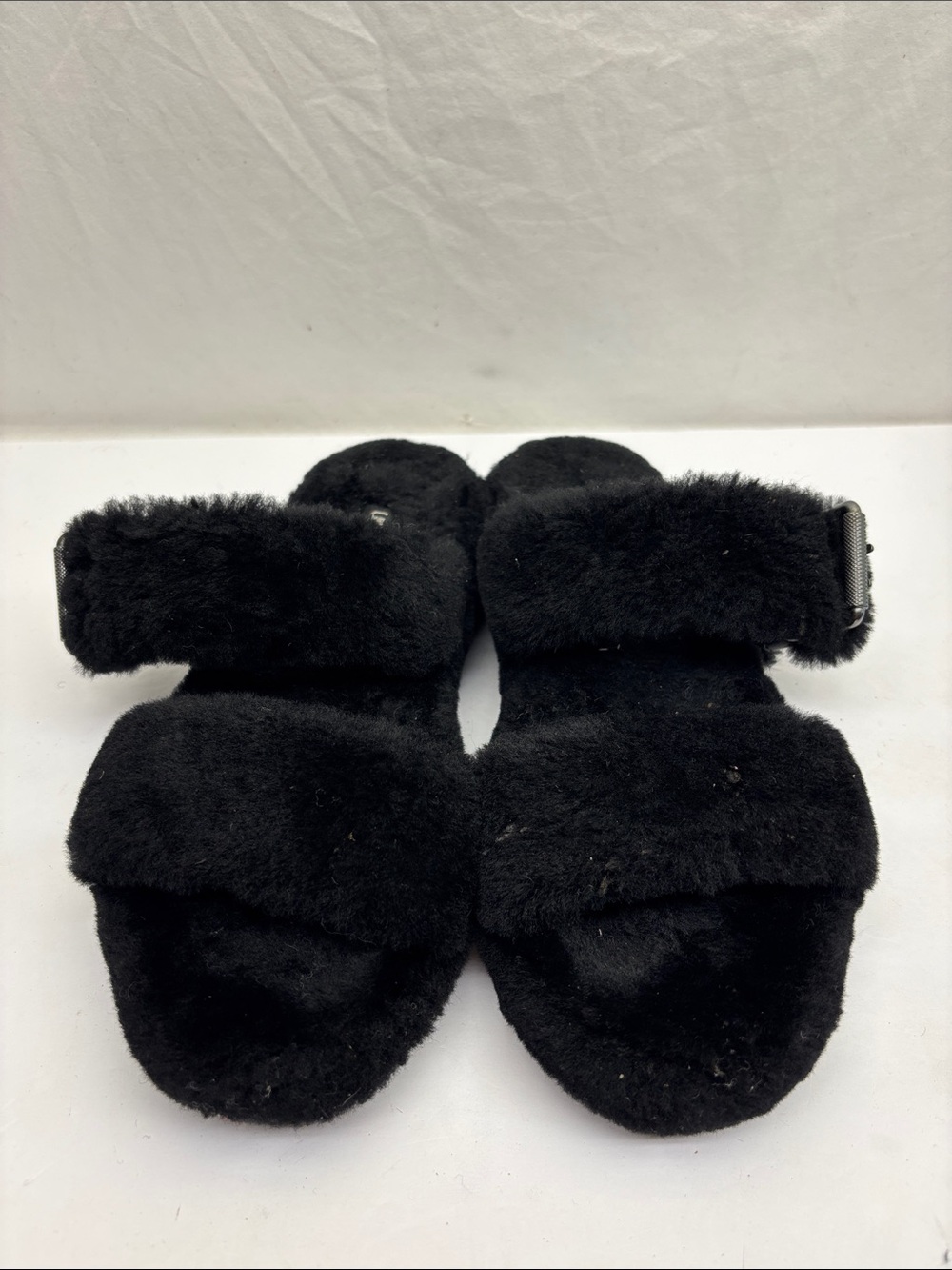 UGG Black Fuzzy Double-Strap Slide Sandals, SZ 10, box 78